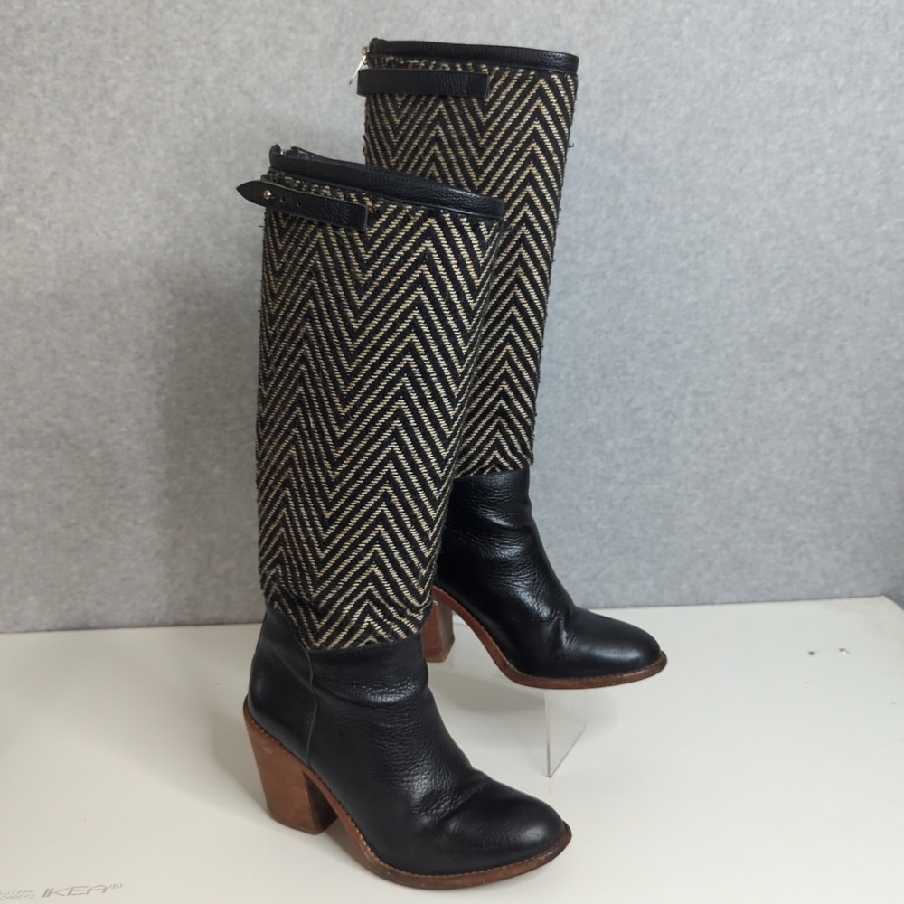 Loeffler Randall Black Leather Herringbone Knee High Heeled Boots 7.5 Western